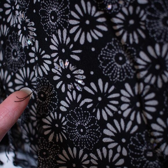 Sheer Black Floral Beaded Blouse NYC Design Co Tie Front Top P Med | True Winter - Picture 4 of 9